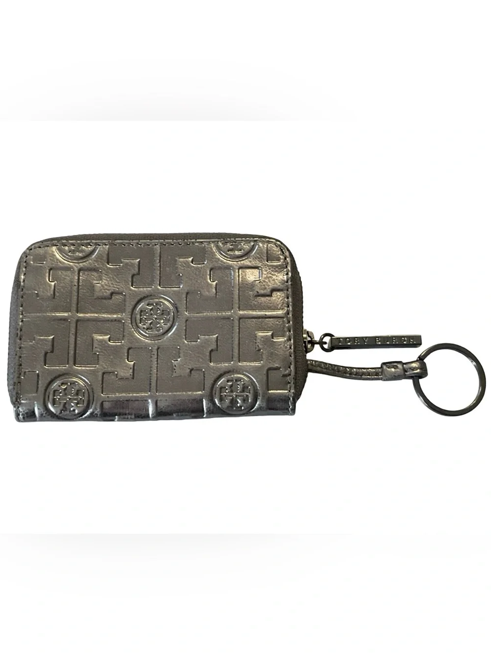 Tory Burch Metallic Silver Embossed Logo Zip Card Case Wallet With Keyring